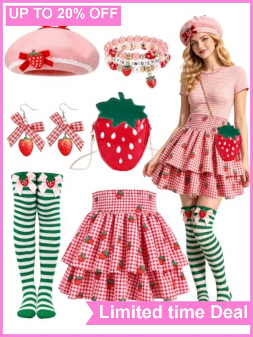 Strawberry Costume Set 5-in-1 Beret Plaid Skirt Bag Earrings Socks